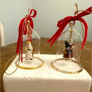 Set of 2 Crystal Bell Ornaments with Real Gold Trim. Accented with red Ribbon